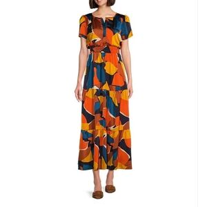 Leslie Fay Printed Satin Split V-Neck Short Sleeve Elastic Waist Maxi Dress